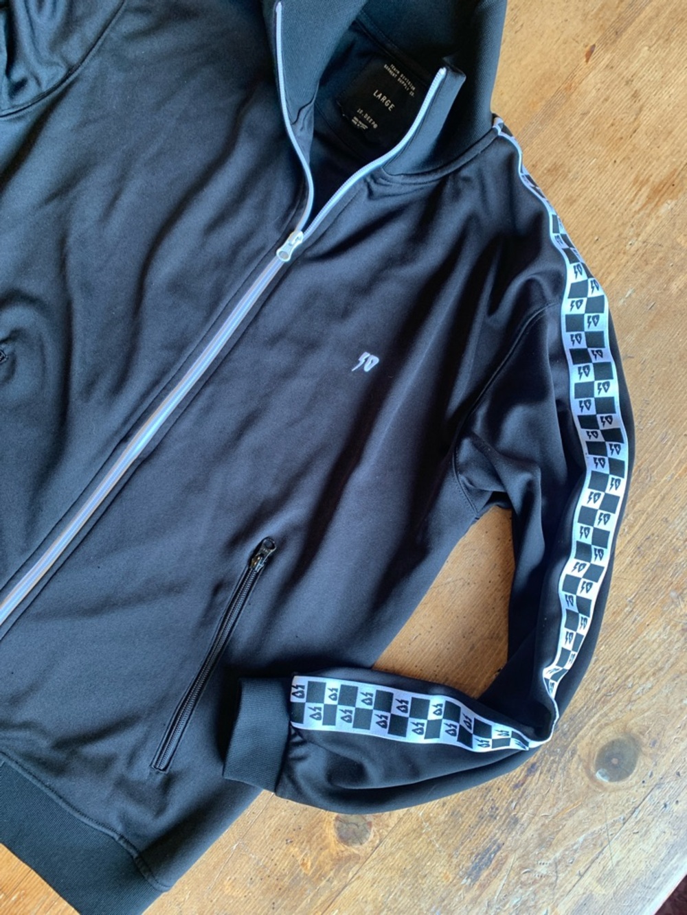 10.Deep Black Track Bomber Jacket with White Accent Tape - Picture 8 of 16